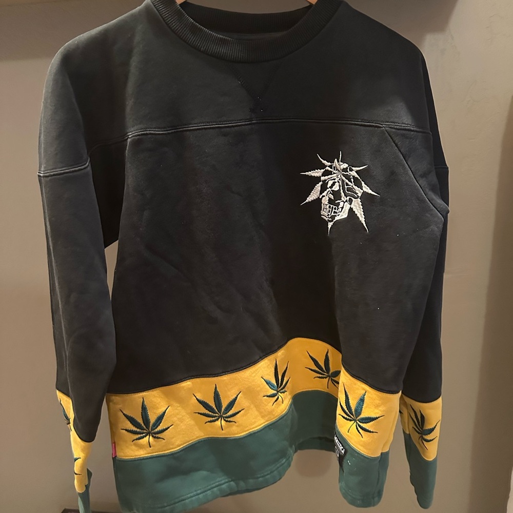 Dope Black Sweatshirt Jersey Des with Yellow & Green Trim - Cannabis Leaf Design